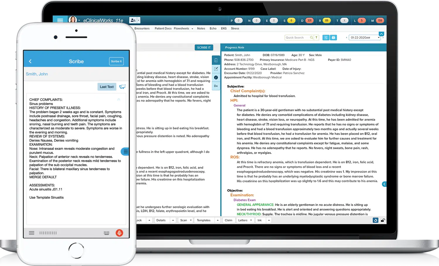 Scribe for eClinicalWorks and eClinicalMobile screenshots on laptop and smarthone
