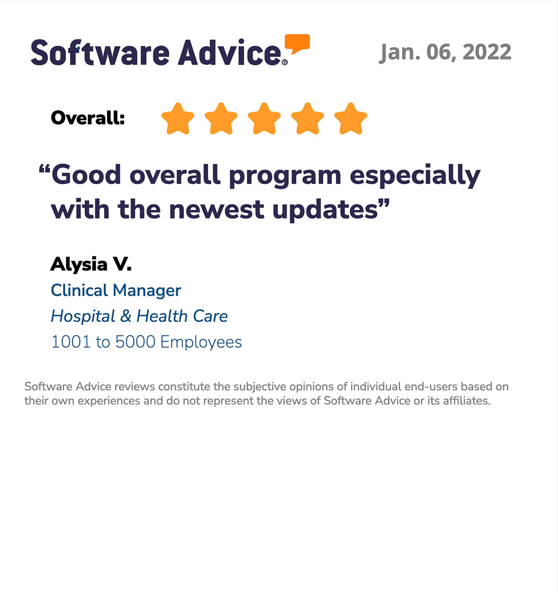 Software Advice review for eClinicalWorks EMR: Overall 5 stars, Good overall program especially with the newest updates