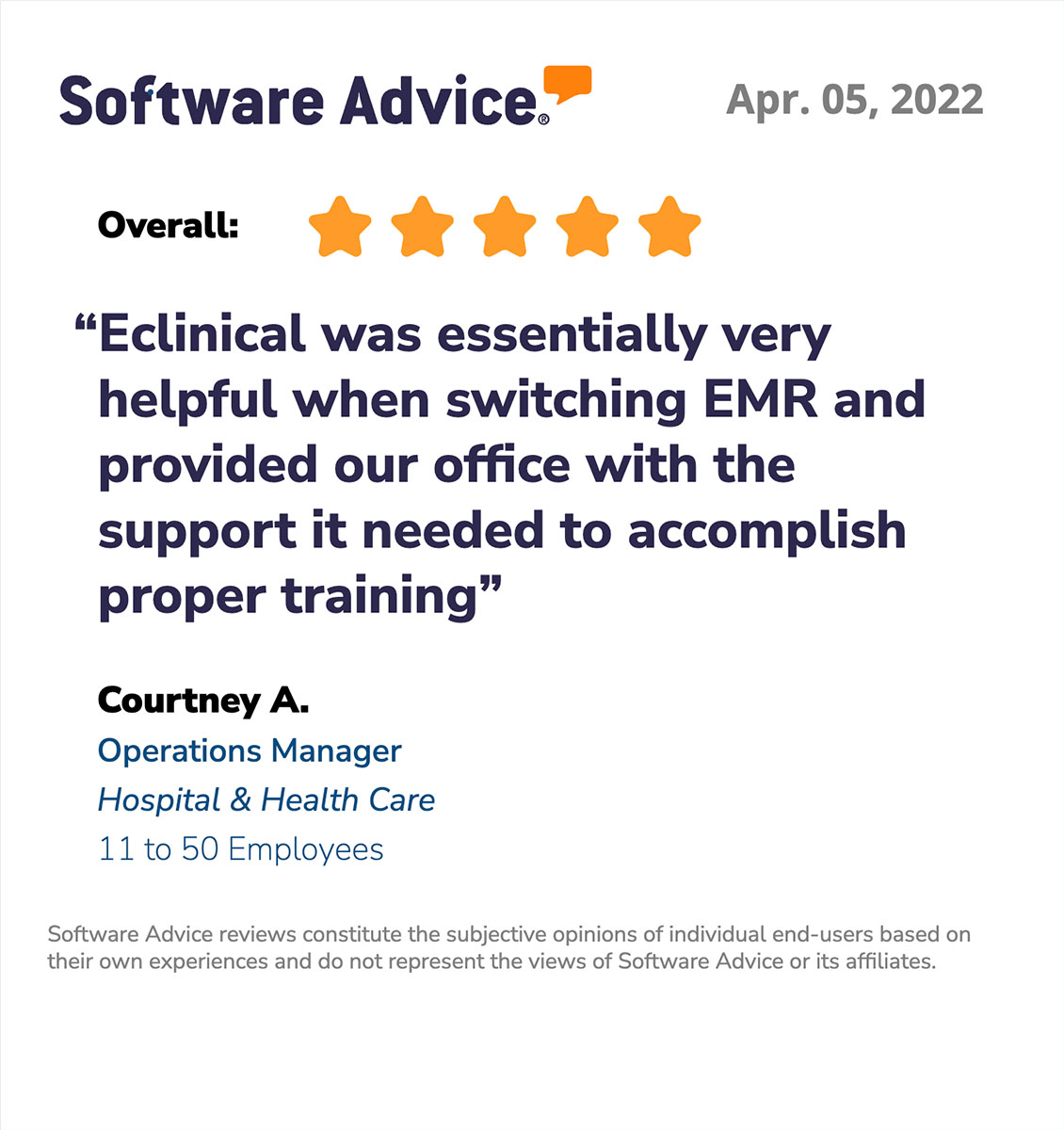Software Advice review for eClinicalWorks EMR: Overall 5 stars, Eclinical was essentially very helpful when switching EMR and provided our office with the support it needed to accomplish proer training